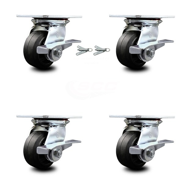 Service Caster 4 Inch Rubber on Steel Caster Set with Roller Bearing 4 Brake and 2 Swivel Lock SCC-35S420-RSR-SLB-BSL-2-SLB-2 - main